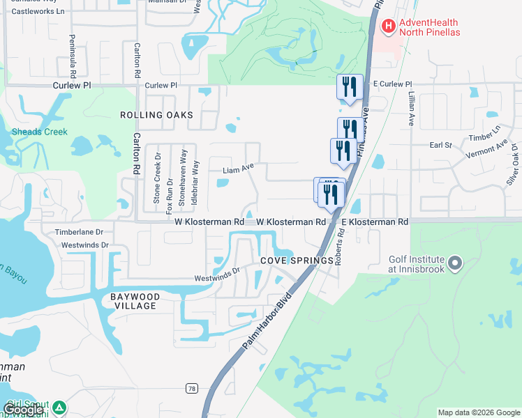 map of restaurants, bars, coffee shops, grocery stores, and more near 1875 Longview Lane in Tarpon Springs
