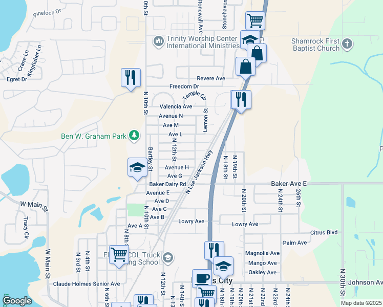 map of restaurants, bars, coffee shops, grocery stores, and more near 1235 Avenue J in Haines City