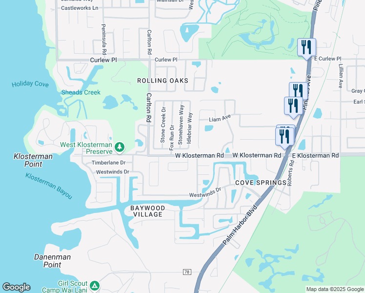 map of restaurants, bars, coffee shops, grocery stores, and more near 1006 Idlebriar Way in Tarpon Springs