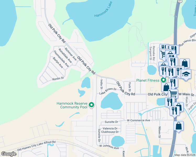 map of restaurants, bars, coffee shops, grocery stores, and more near 2207 Polk City Road in Haines City