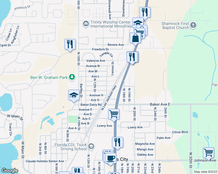 map of restaurants, bars, coffee shops, grocery stores, and more near 1235 Avenue J in Haines City