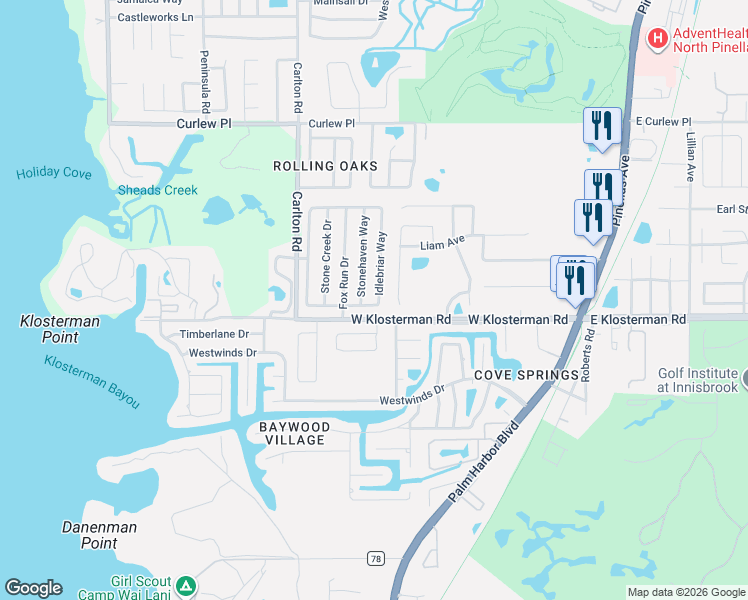 map of restaurants, bars, coffee shops, grocery stores, and more near 1006 Idlebriar Way in Tarpon Springs