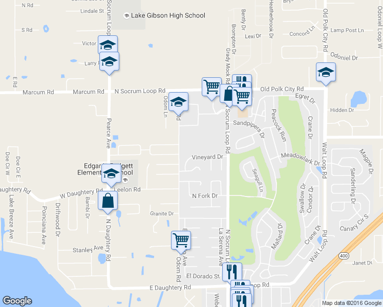 map of restaurants, bars, coffee shops, grocery stores, and more near 360 Vineyard Drive in Lakeland
