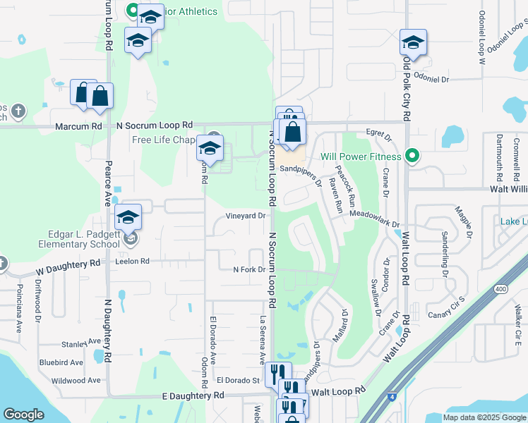 map of restaurants, bars, coffee shops, grocery stores, and more near 460 Vineyard Drive in Lakeland