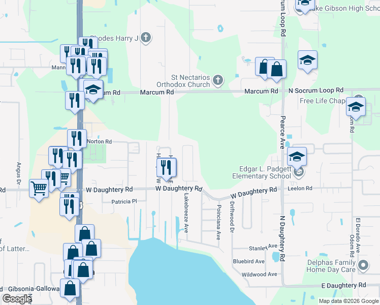 map of restaurants, bars, coffee shops, grocery stores, and more near 6222 Doe Circle East in Lakeland