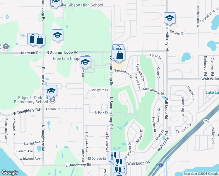 map of restaurants, bars, coffee shops, grocery stores, and more near 466 Vineyard Drive in Lakeland