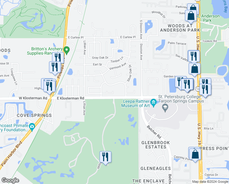 map of restaurants, bars, coffee shops, grocery stores, and more near 1439 Leafwood Court in Tarpon Springs