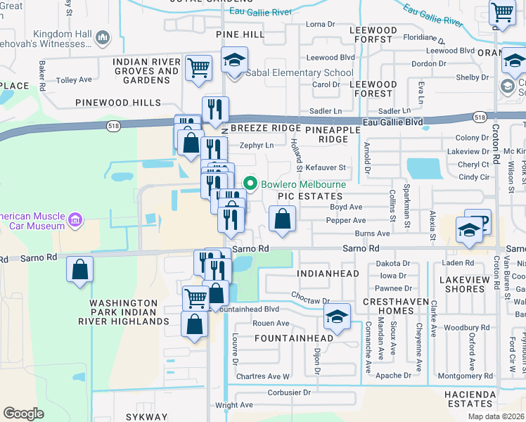 map of restaurants, bars, coffee shops, grocery stores, and more near 1028 June Drive in Melbourne