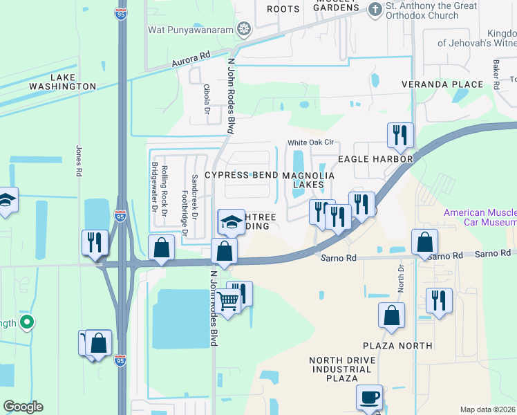 map of restaurants, bars, coffee shops, grocery stores, and more near 4680 Decatur Circle in Melbourne