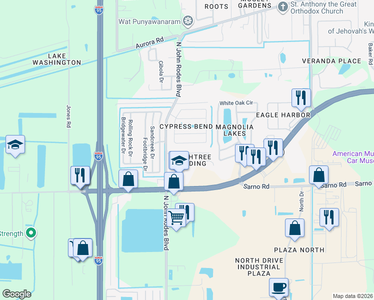 map of restaurants, bars, coffee shops, grocery stores, and more near 4780 Decatur Circle in Melbourne