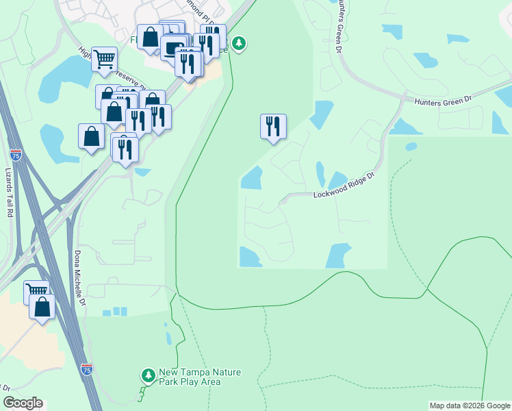 map of restaurants, bars, coffee shops, grocery stores, and more near 17308 Lockwood Ridge Drive in Tampa