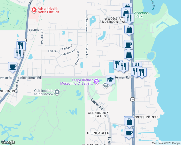 map of restaurants, bars, coffee shops, grocery stores, and more near 685 East Klosterman Road in Tarpon Springs