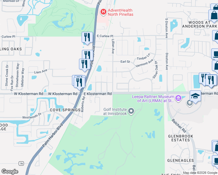 map of restaurants, bars, coffee shops, grocery stores, and more near 1950 Lillian Avenue in Tarpon Springs