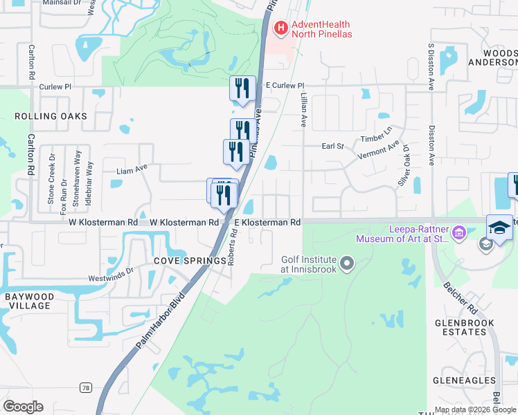 map of restaurants, bars, coffee shops, grocery stores, and more near 1 East Klosterman Road in Tarpon Springs