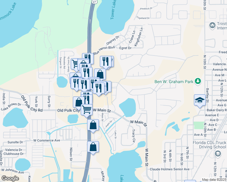 map of restaurants, bars, coffee shops, grocery stores, and more near 3013 Hemingway Circle in Haines City