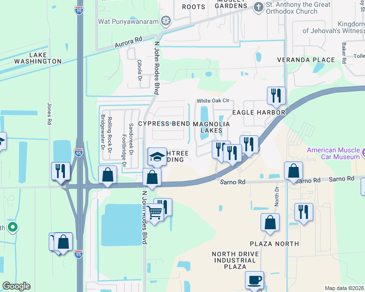 map of restaurants, bars, coffee shops, grocery stores, and more near 4680 Decatur Circle in Melbourne