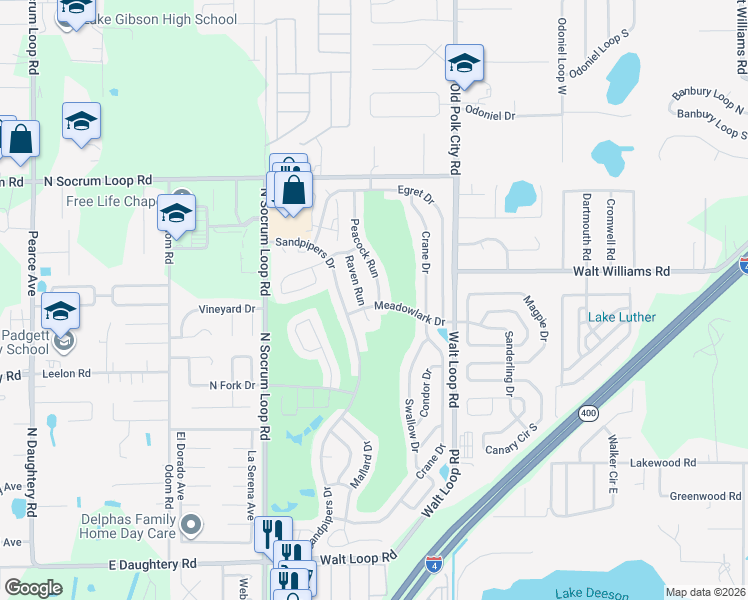 map of restaurants, bars, coffee shops, grocery stores, and more near 6202 Peacock Run in Lakeland