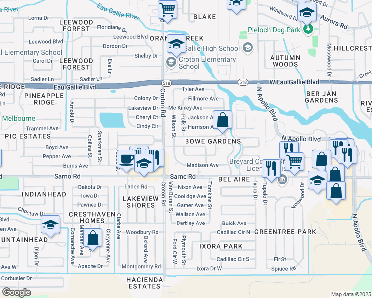 map of restaurants, bars, coffee shops, grocery stores, and more near 1961 Adams Avenue in Melbourne