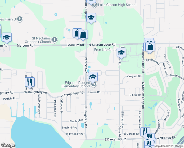 map of restaurants, bars, coffee shops, grocery stores, and more near 107 Padgett Place South in Lakeland