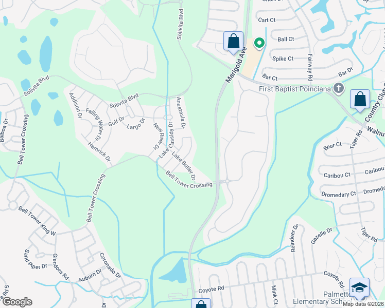 map of restaurants, bars, coffee shops, grocery stores, and more near 299 Rock Springs Drive in Kissimmee