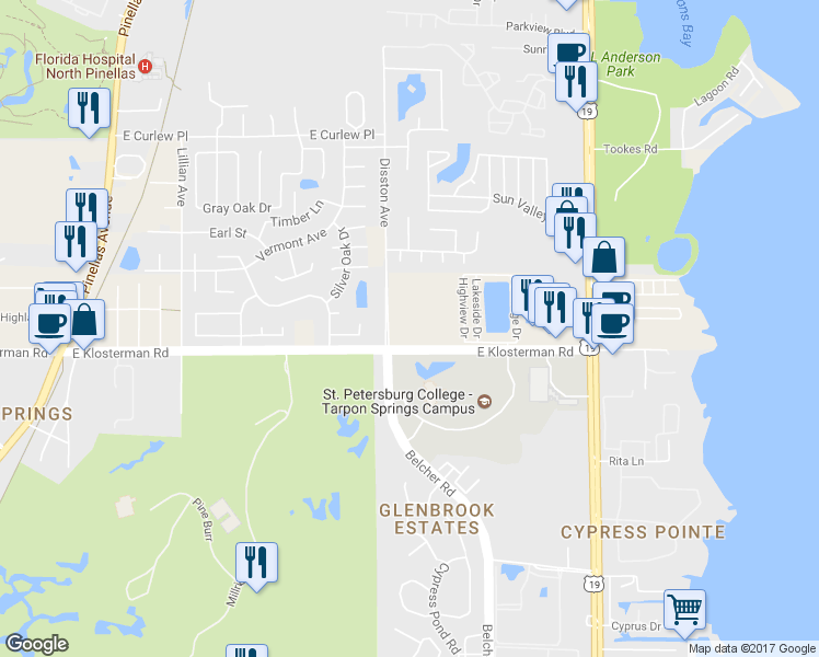 map of restaurants, bars, coffee shops, grocery stores, and more near 685 East Klosterman Road in Tarpon Springs