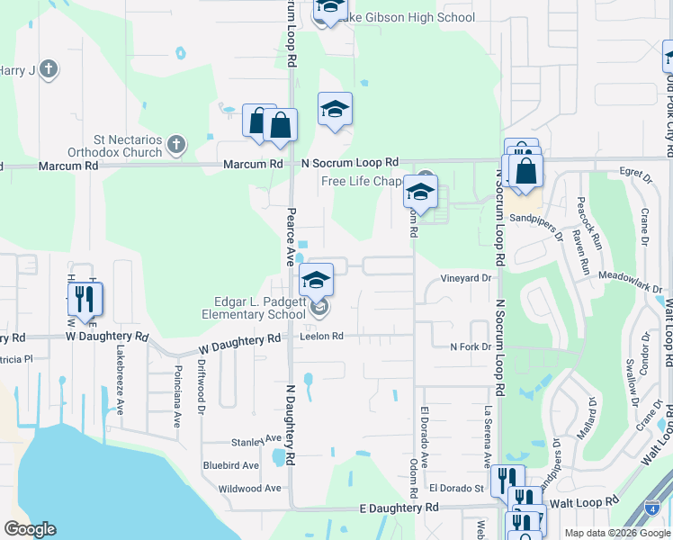 map of restaurants, bars, coffee shops, grocery stores, and more near 151 Padgett Place South in Lakeland