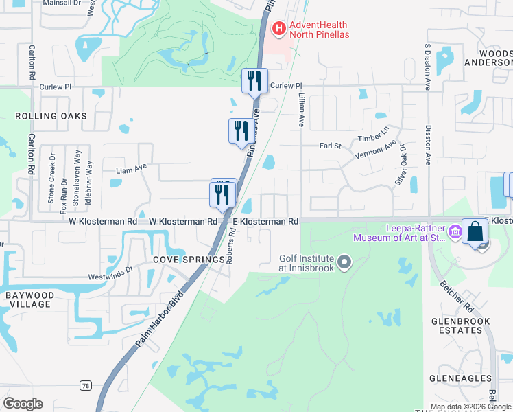 map of restaurants, bars, coffee shops, grocery stores, and more near 1 East Klosterman Road in Tarpon Springs