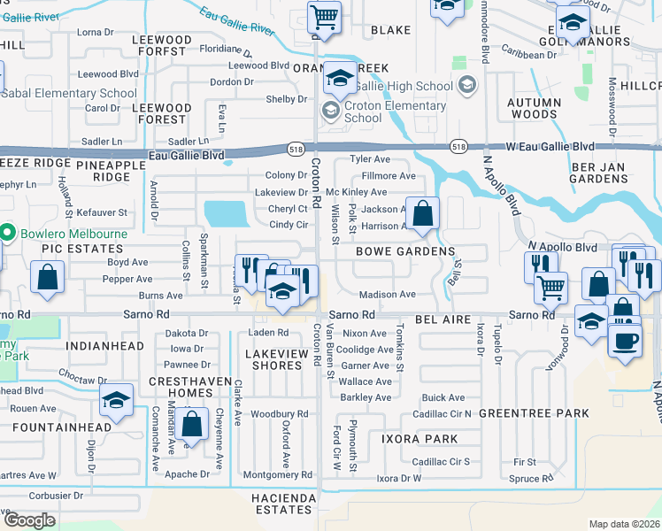 map of restaurants, bars, coffee shops, grocery stores, and more near 1007 Croton Road in Melbourne