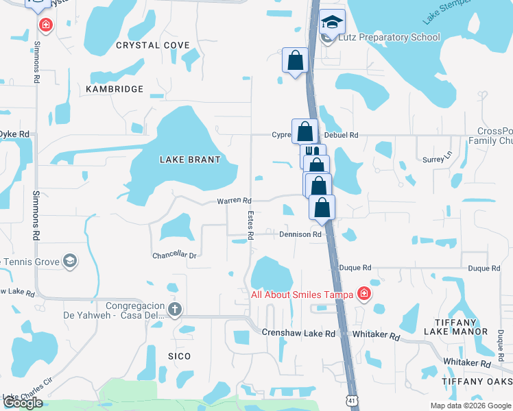 map of restaurants, bars, coffee shops, grocery stores, and more near 214 Warren Road in Lutz