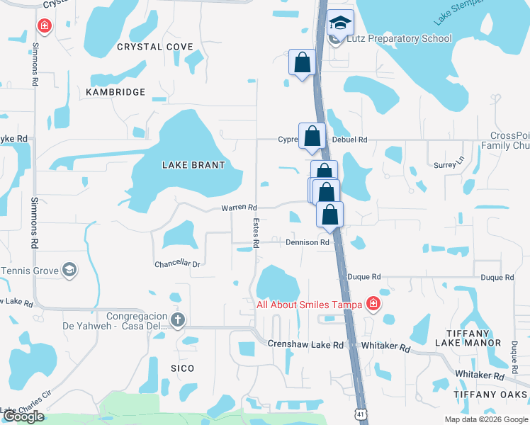 map of restaurants, bars, coffee shops, grocery stores, and more near 214 Warren Road in Lutz