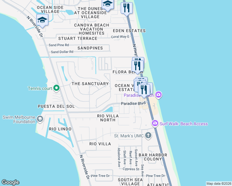 map of restaurants, bars, coffee shops, grocery stores, and more near 343 Peregrine Drive in Indialantic