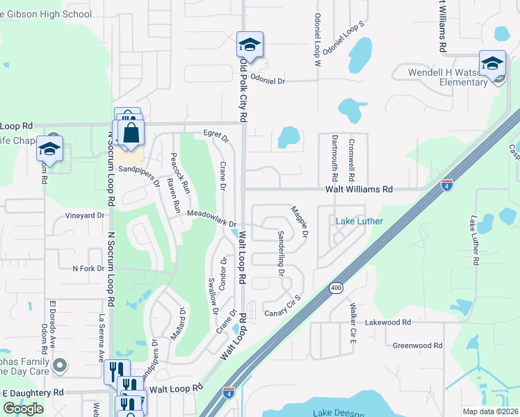 map of restaurants, bars, coffee shops, grocery stores, and more near 6188 Magpie Drive in Lakeland