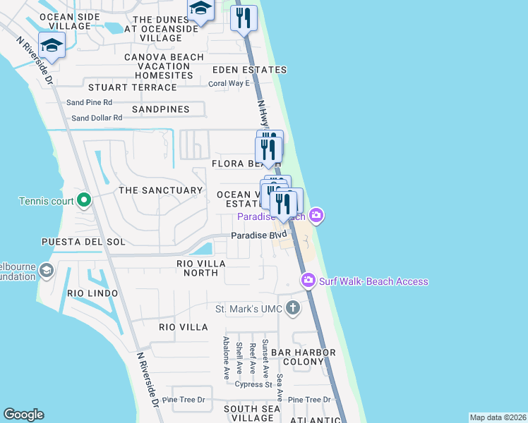map of restaurants, bars, coffee shops, grocery stores, and more near 170 Paradise Boulevard in Melbourne