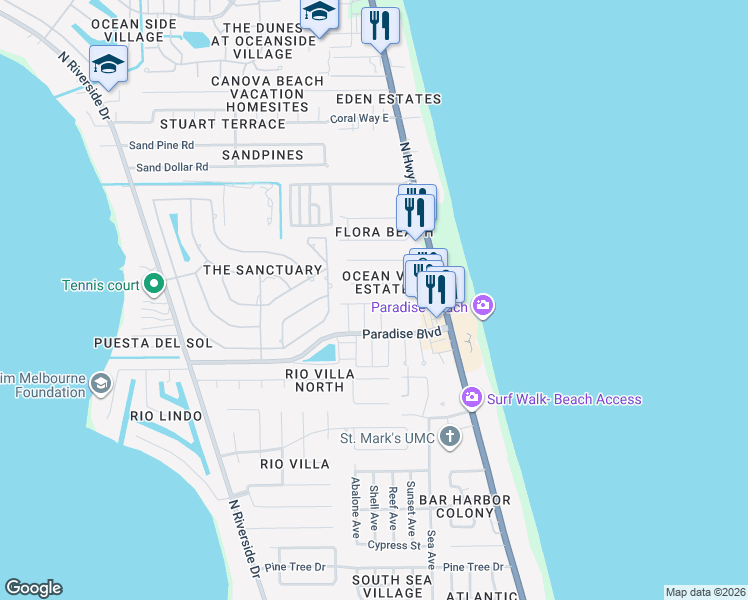 map of restaurants, bars, coffee shops, grocery stores, and more near 290 Paradise Boulevard in Indialantic