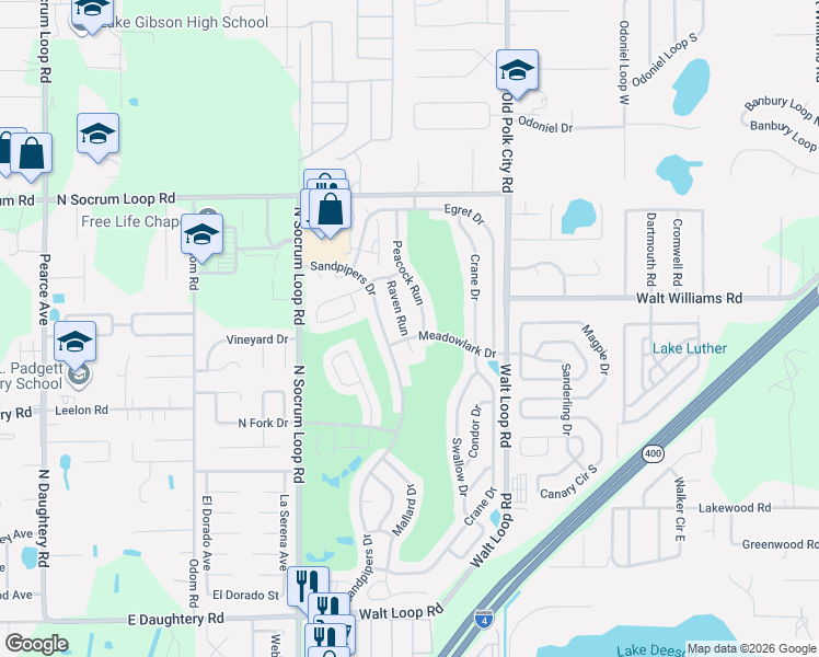 map of restaurants, bars, coffee shops, grocery stores, and more near 6202 Peacock Run in Lakeland