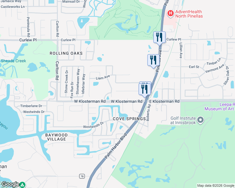 map of restaurants, bars, coffee shops, grocery stores, and more near 1875 Longview Lane in Tarpon Springs