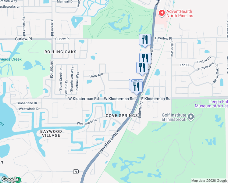 map of restaurants, bars, coffee shops, grocery stores, and more near 254 Highland Road in Tarpon Springs