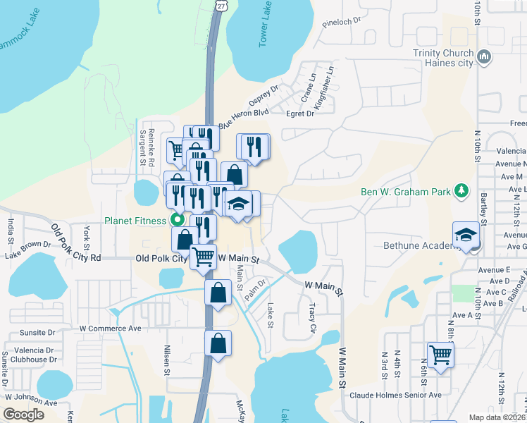 map of restaurants, bars, coffee shops, grocery stores, and more near 4015 Hemingway Circle in Haines City