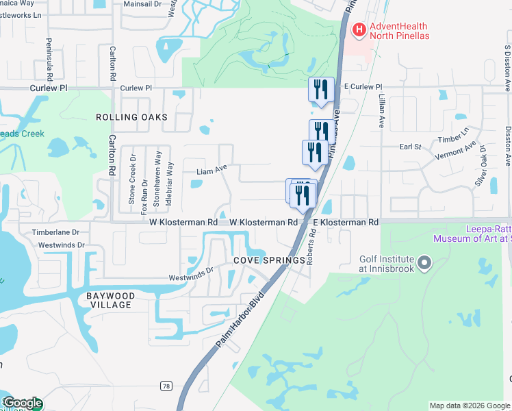 map of restaurants, bars, coffee shops, grocery stores, and more near 254 Highland Road in Tarpon Springs