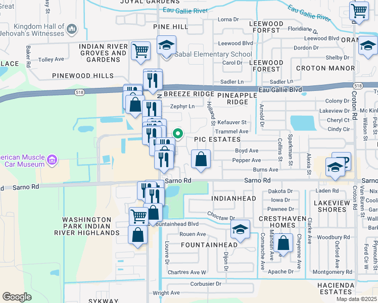map of restaurants, bars, coffee shops, grocery stores, and more near 2847 Regency Drive in Melbourne