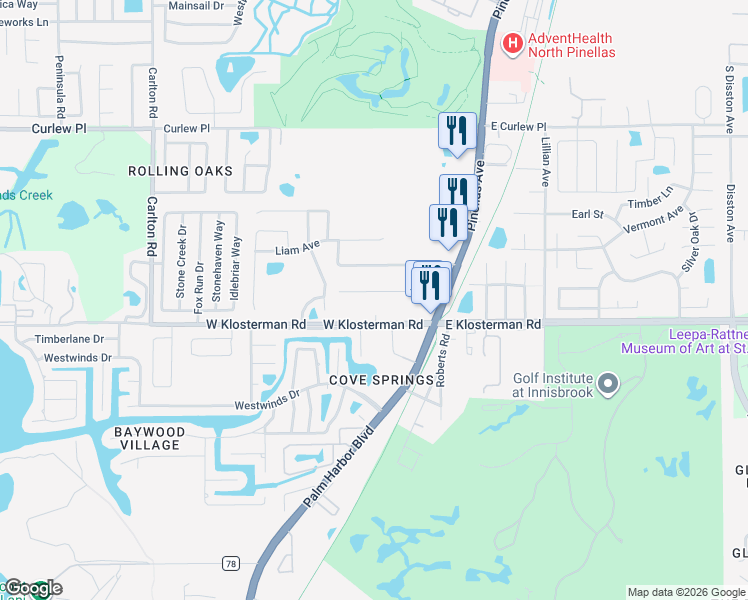 map of restaurants, bars, coffee shops, grocery stores, and more near 254 Highland Road in Tarpon Springs