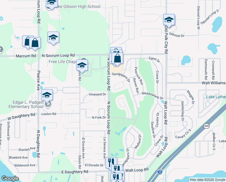 map of restaurants, bars, coffee shops, grocery stores, and more near 466 Vineyard Drive in Lakeland