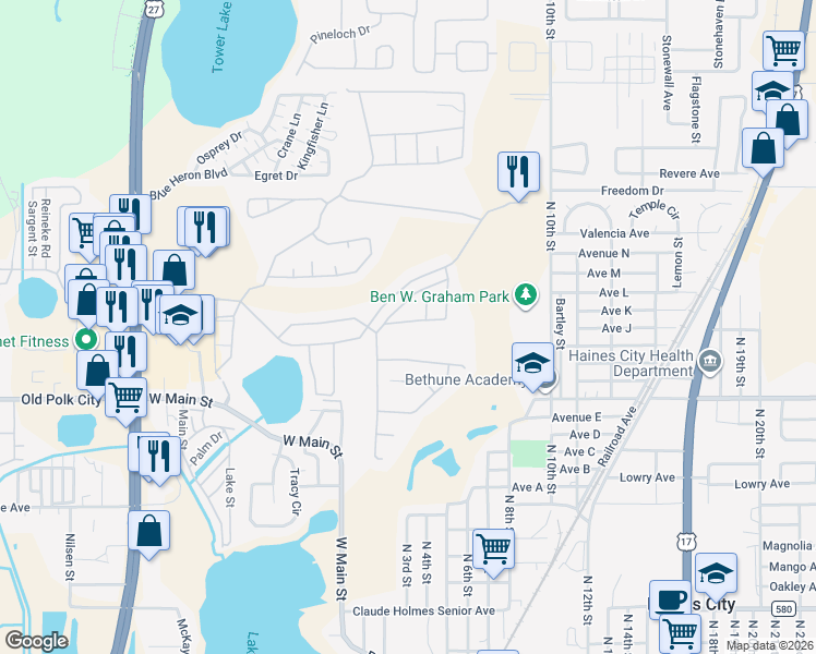 map of restaurants, bars, coffee shops, grocery stores, and more near 1418 Park Place in Haines City
