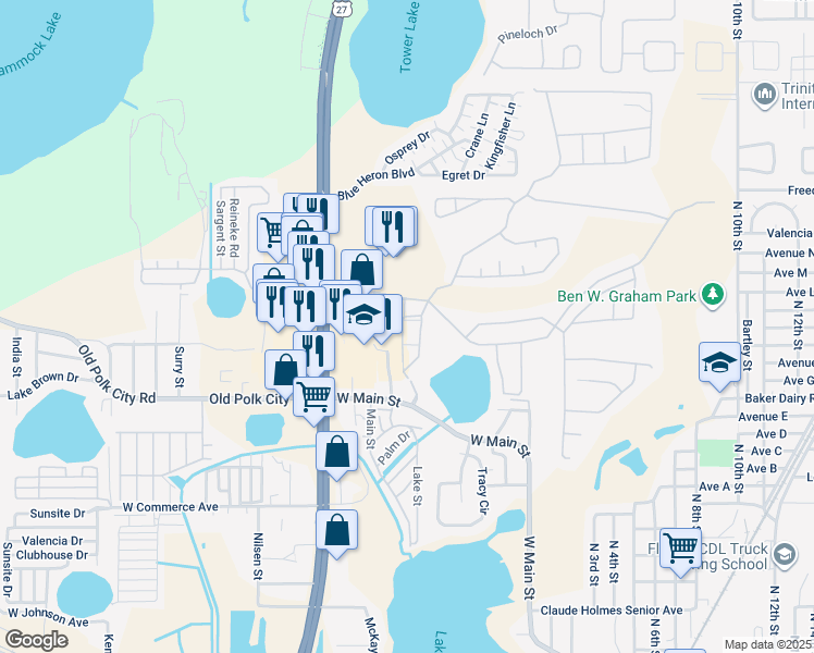 map of restaurants, bars, coffee shops, grocery stores, and more near 4015 Hemingway Circle in Haines City