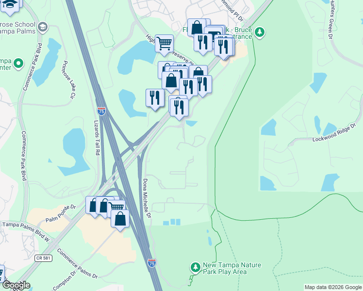 map of restaurants, bars, coffee shops, grocery stores, and more near 8520 Hunters Key Circle in Tampa