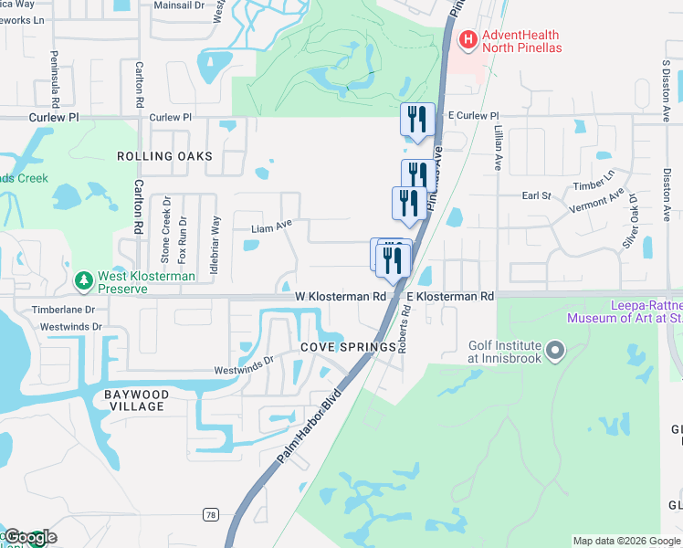 map of restaurants, bars, coffee shops, grocery stores, and more near 254 Highland Road in Tarpon Springs