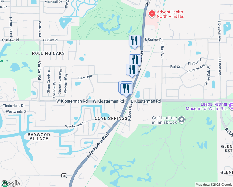 map of restaurants, bars, coffee shops, grocery stores, and more near 114 Highland Road in Tarpon Springs