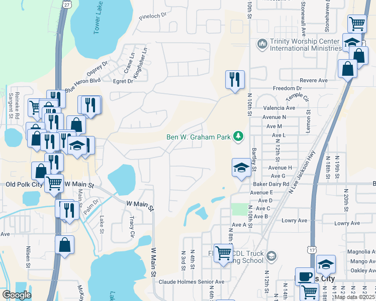 map of restaurants, bars, coffee shops, grocery stores, and more near 1418 Park Place in Haines City