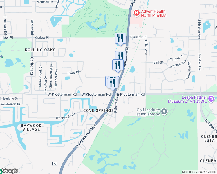 map of restaurants, bars, coffee shops, grocery stores, and more near 86 Highland Road in Tarpon Springs