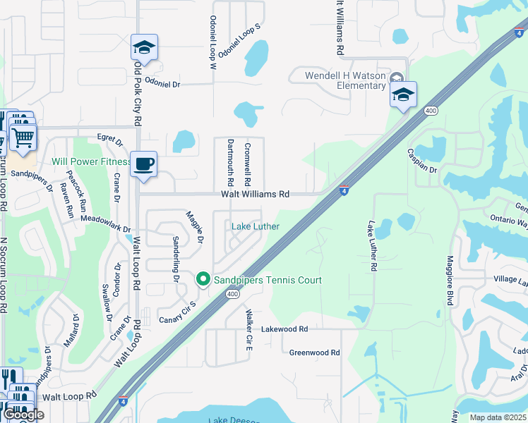 map of restaurants, bars, coffee shops, grocery stores, and more near 1123 Walt Williams Road in Lakeland